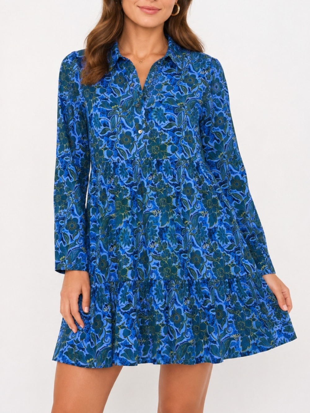 Rose Garden Blue Floral Tiered Mini Shirt Dress